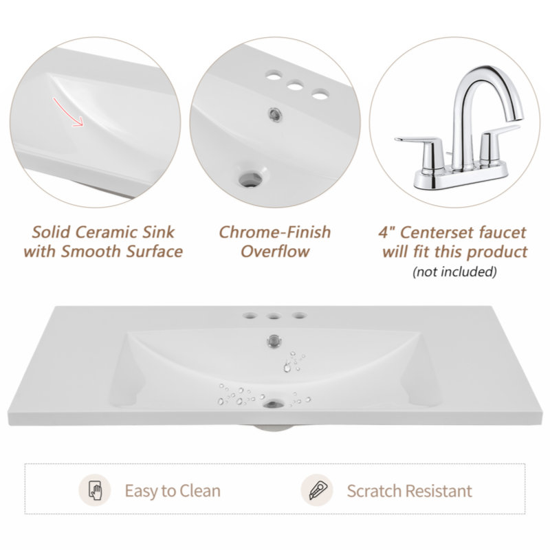 White Ceramic Rectangular Bathroom Sink with Pre-drilled Faucet Holes