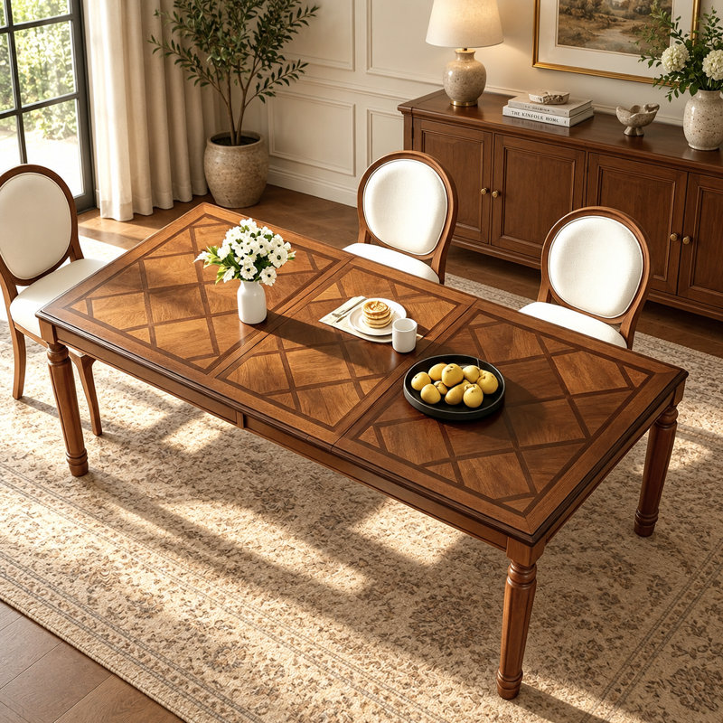 Table de salle à manger rectangulaire traditionnelle de 200 cm (79 po) avec pieds en bois massif tourné et plateau en parquet
