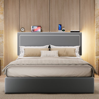Modern Velvet Upholstered Platform Bed With LED Headboard, Built-In Charging Station, And Lift Under-Bed Storage
