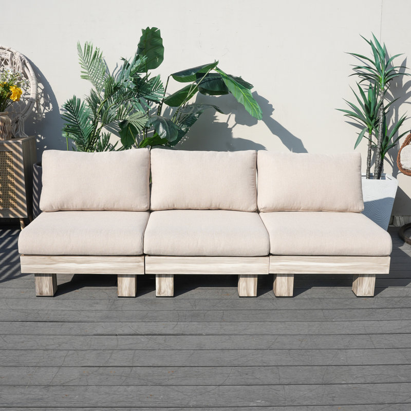 Choi W81.4"*d28.9"*h25.7" Outdoor Patio Deep Seating Aluminum Wood Grain Armless Three-seat Sofa With Beige Cushions