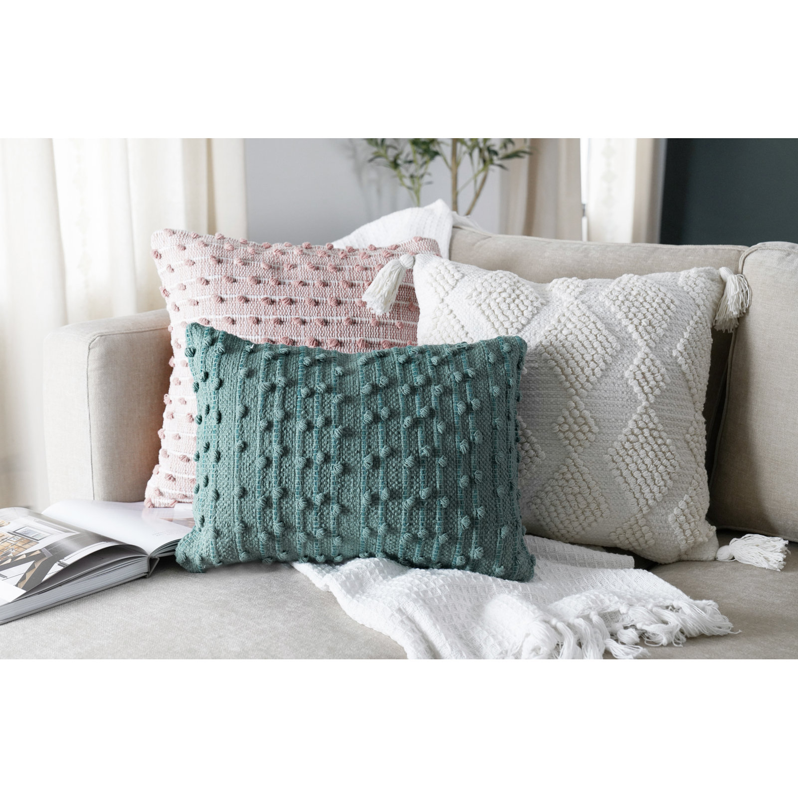 Asha Pom-poms Throw Pillow, Oil Blue
