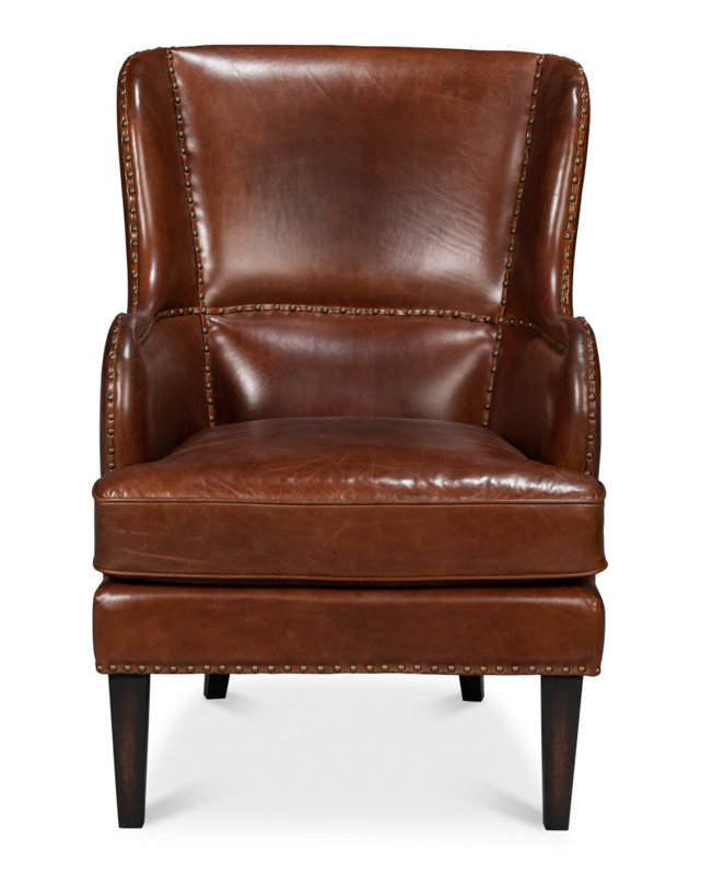 Brown Leather Wingback Chair with Solid Wood Frame