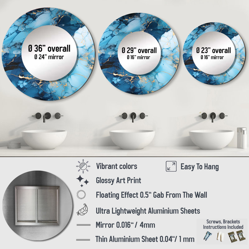 Coastal Blue Elegant Marble Shore - Modern Round Mirror Wall Decor_MTMIR127714, 29" x 29", Round