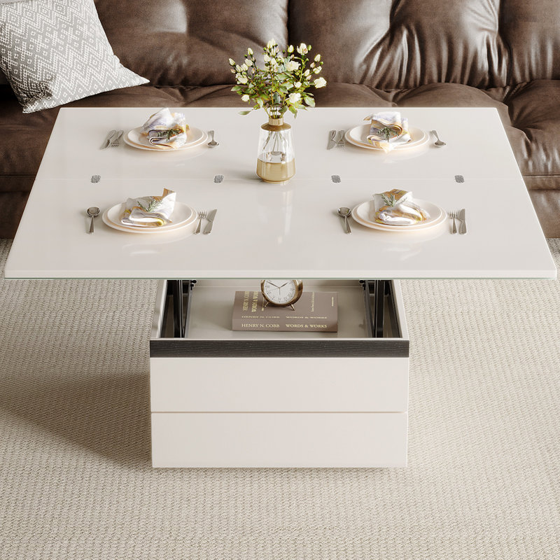 Table basse à plateau relevable moderne avec 4 tabourets, table centrale extensible pour le salon, la salle à manger et le bureau