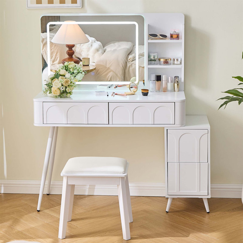 Meuble-lavabo moderne avec lumières DEL et miroir, ensemble de coiffeuse 4 tiroirs avec tabouret, luminosité à intensité variable de 3 couleurs, peu encombrant pour la chambre à coucher