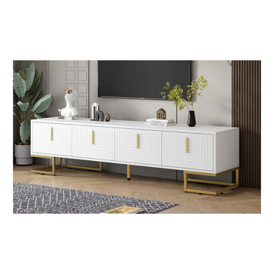 Meuble télé moderne avec pieds en métal et poignées dorées pour téléviseur de 80 po ou moins, console média avec armoires et tablettes réglables, meuble télé de luxe avec lignes géométriques pour le salon, blanc