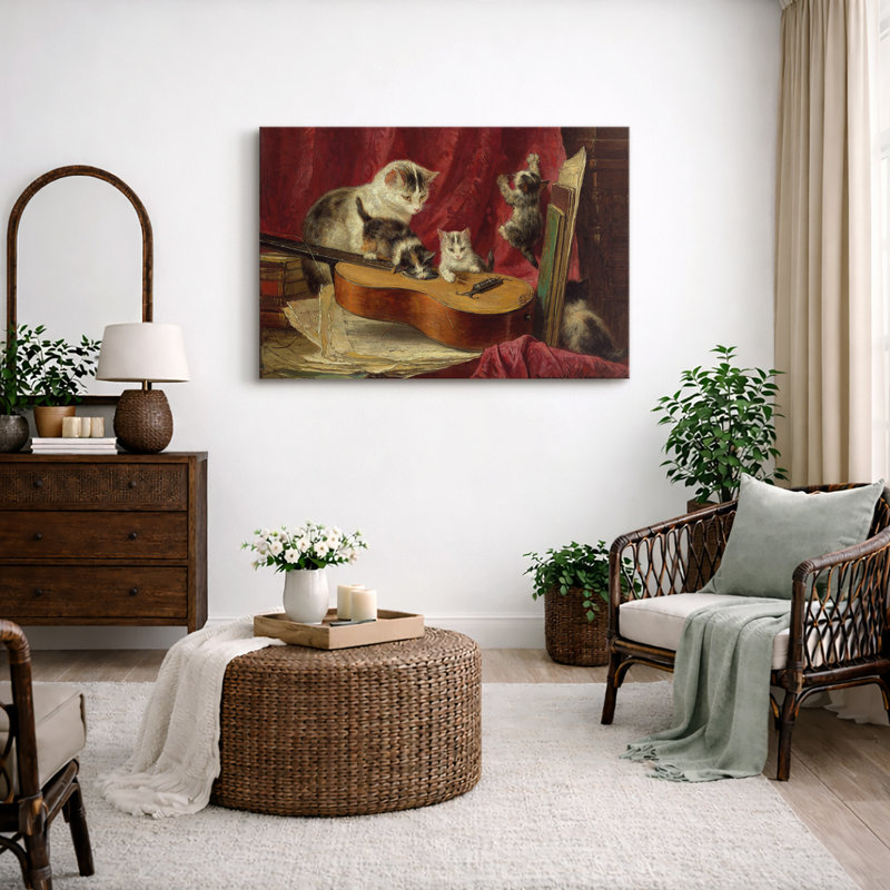 Art rétro de chat et de chat sur guitare, images de salle de musique, impression sur toile encadrée, impression numérique.