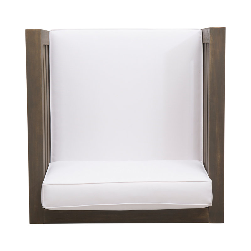 Fauteuil de jardin Carie, coussins en tissu blanc, structure à lattes, bois gris