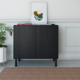 Sango Merk 2 - Door Solid Wood Accent Cabinet With Vertical Grooves, Cylicndrical Wooden Legs