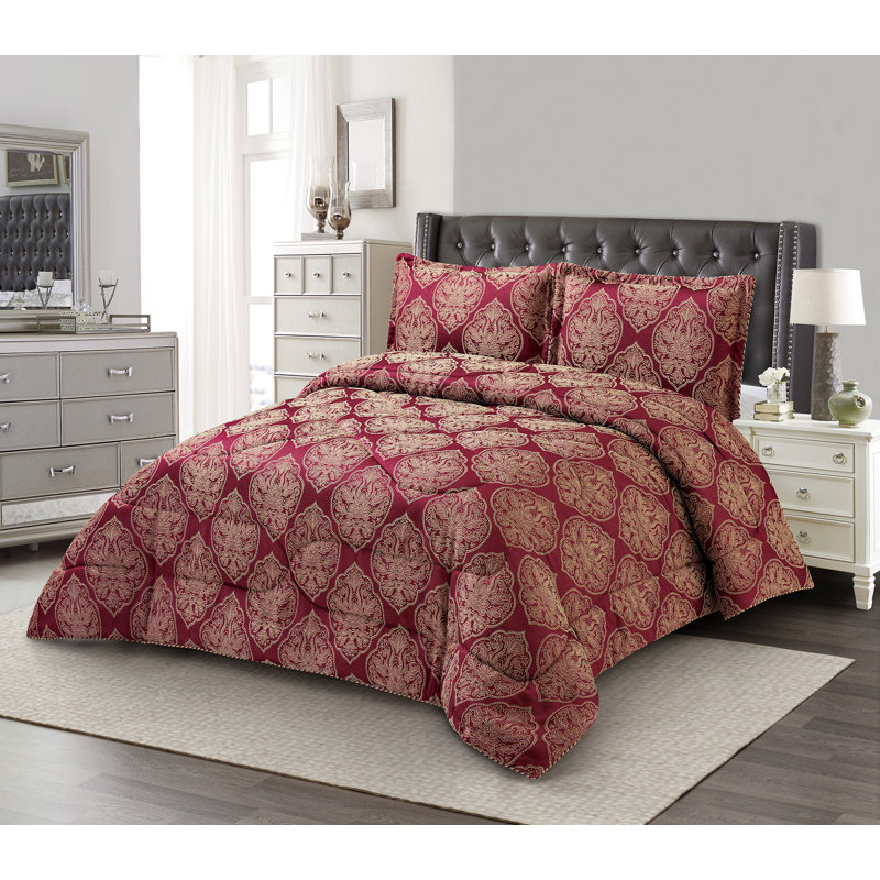 Jacquard Floral Bedspread, Double Bedspread + 2 Standard Shams, Burgundy