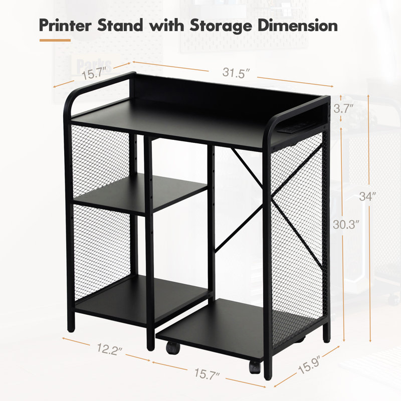 Black Metal and Wood Printer Stand with Storage and Power Outlet