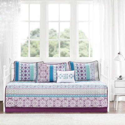 Lit de jour simple, style, réversible avec imprimé d'inspiration mondiale, tissu en microfibre, housse, taies décoratives, coussin, microfibre douce, 6 pièces dont 3 réversibles décoratives, prélavées et