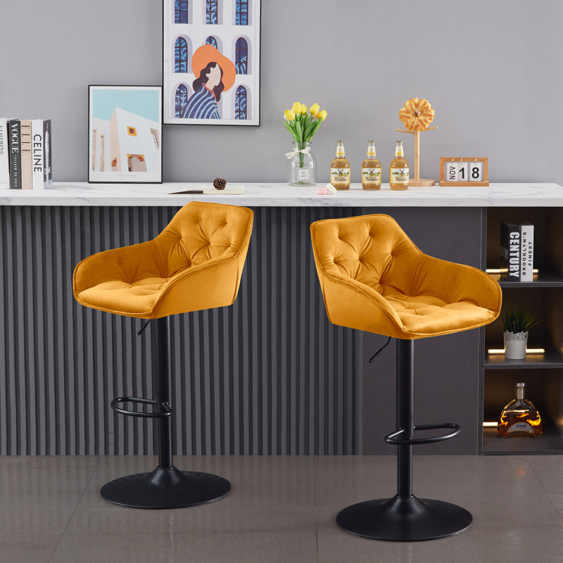 Kafka Velvet Upholstered Height Adjustable 360 Swivel Bar Stools, Yellow