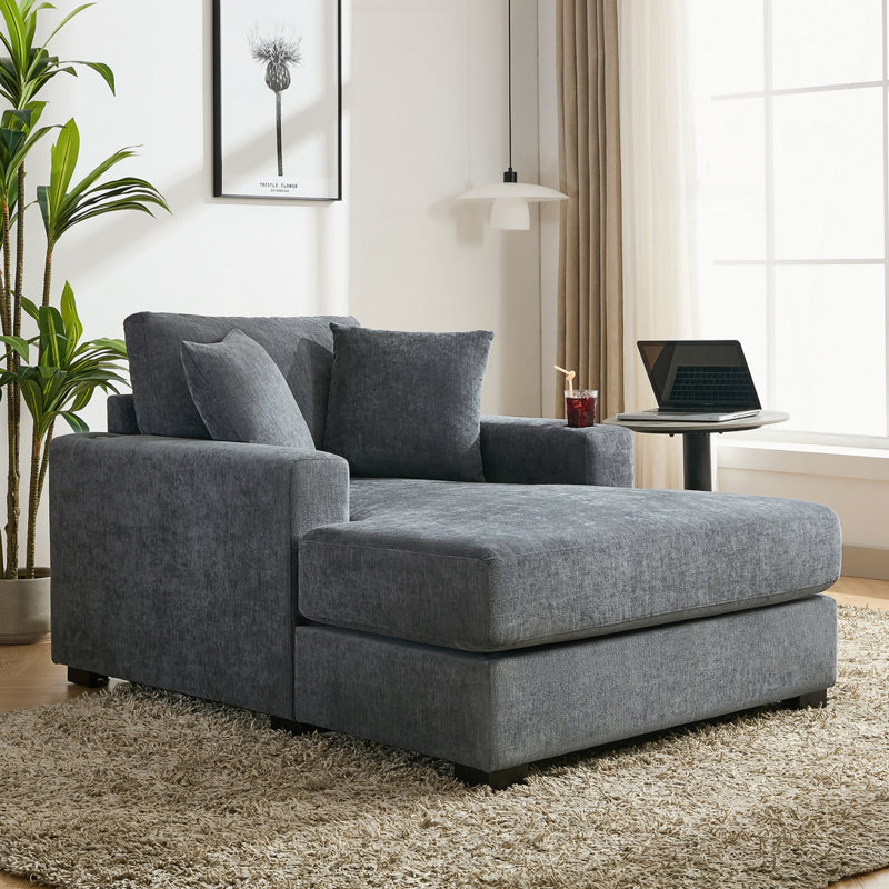 Très grand canapé-lit de 43,5 po de style moderne avec coussins, station de charge et porte-gobelets, Bleu gris