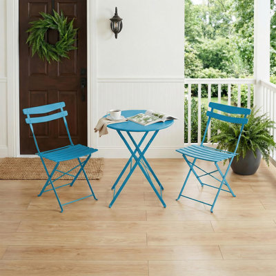 Ensemble bistro de patio pliant 3 pièces, ensemble bistro extérieur / intérieur avec chaises et cadre en métal, table ronde portable avec 2 chaises, bleu paon