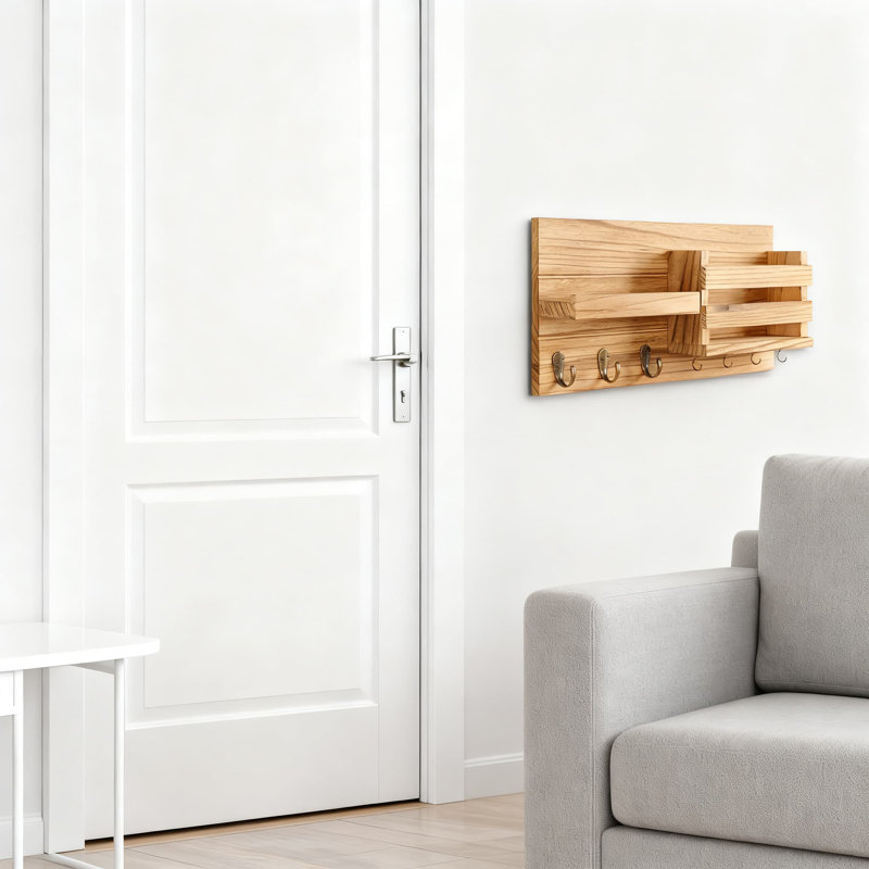 Organisateur de courrier mural avec crochets à clés et tablette, organisateur de vestibule en bois rustique pour lettres, manteaux, laisses et lunettes de soleil, quincaillerie d'installation incluse