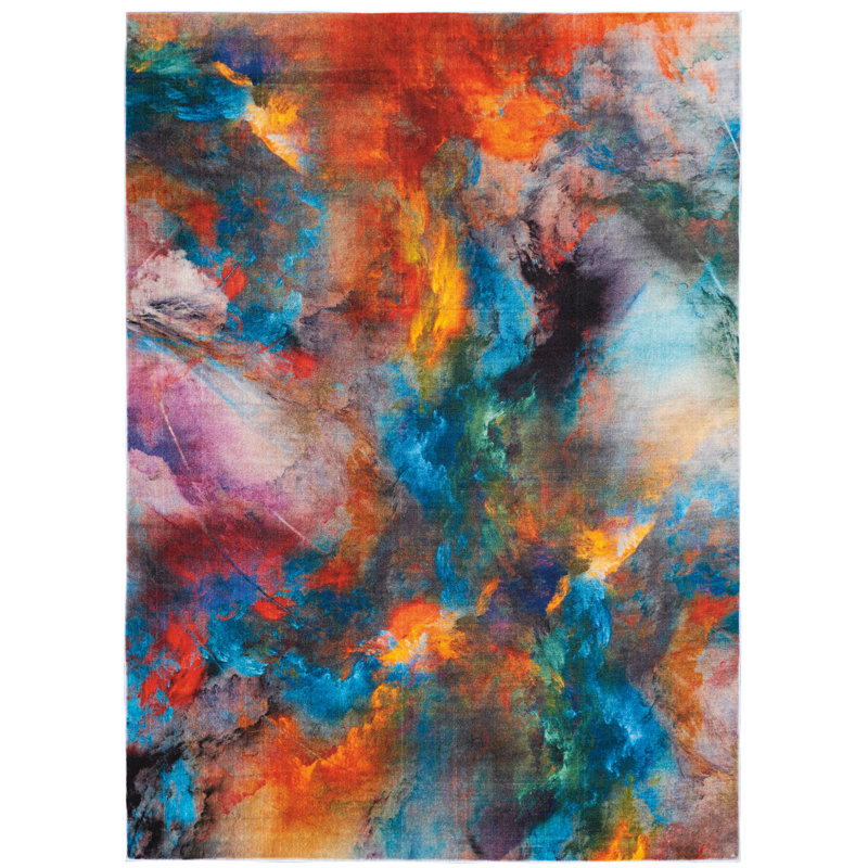 Tapis orange / bleu / gris en nylon touffeté à la machine Abstract, Rectangle 9 pi x 12 pi