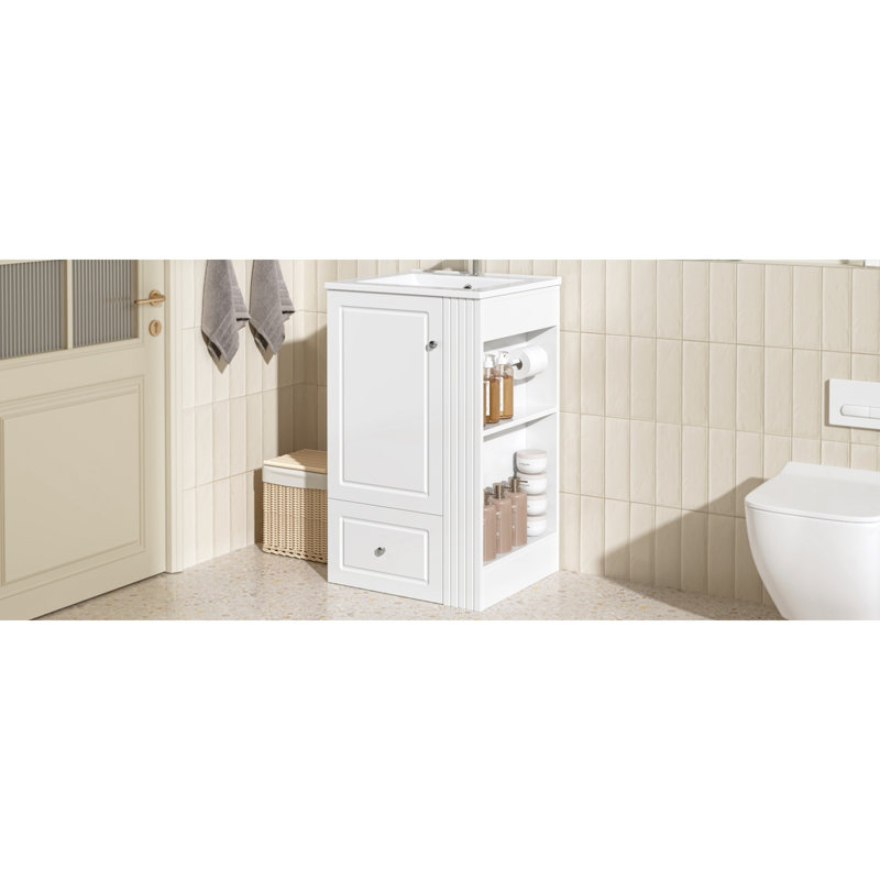 Meuble-lavabo blanc peu encombrant avec lavabo en céramique, rangement moderne pour les salles de bain compactes