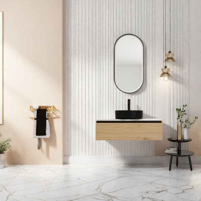 Meuble-lavabo à café contemporain avec lavabo en céramique noir pour salle de bain moderne