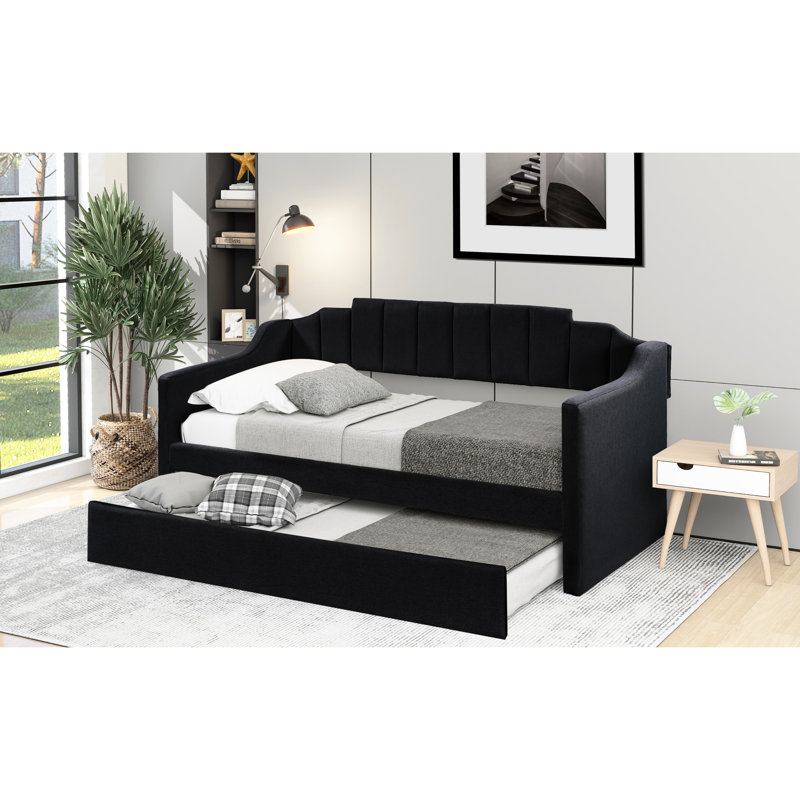 Lit de jour rembourré noir avec couchette - Option de couchage pratique sur roulettes moderne et spacieuse