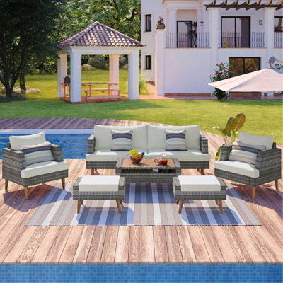 6-Pieces All Weather PE Wicker Sofa Set, Outdoor Rattan Sofa With Double Cushions, Wood Legs Wood Table Top