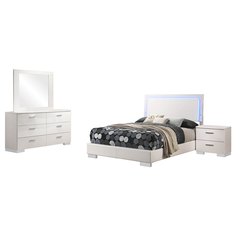 Dulcey White High Gloss 4-Piece Full Bedroom Set, Full, 4 Pieces: Bed, Nightstand, Dresser, Mirror