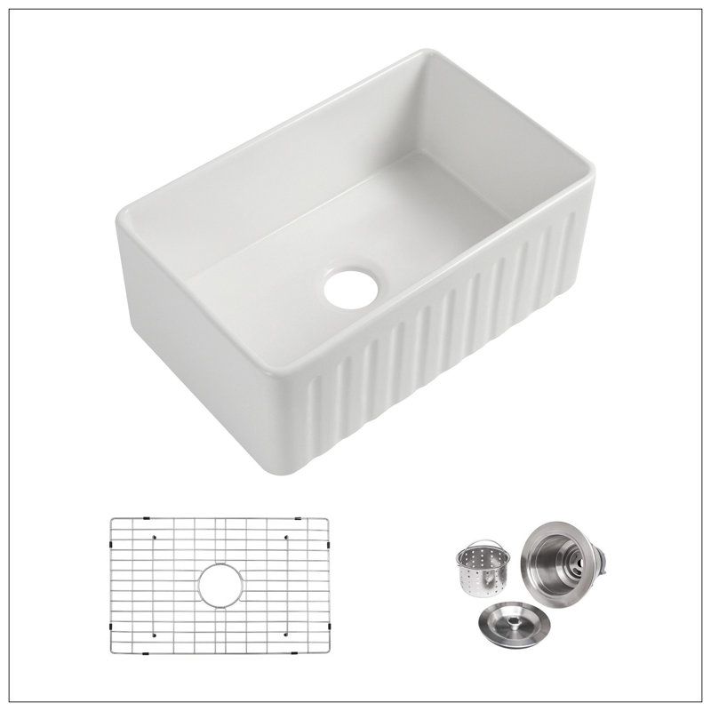Évier de cuisine en argile réfractaire avec grille et crépine L 33 po x l 18 po Fireclay