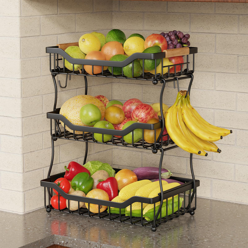 Panier à fruits à 3 niveaux pour la cuisine, support à bol à fruits avec 2 crochets à banane, panier de rangement mural en métal, noir