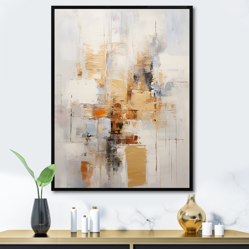Décoration murale beige et doré cubique II - Collages abstraits, Cadre flottant noir, H 20 po x l 12 po x P 1 po