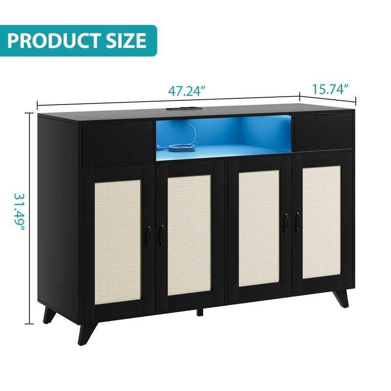 Buffet en rotin avec 4 portes, 2 tiroirs, lumières DEL et prise de courant intégrée, Black