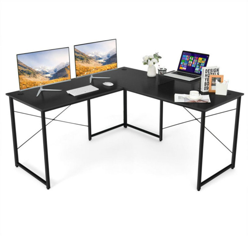Bureau d'ordinateur en L pour 2 personnes avec support pour écran, Noir