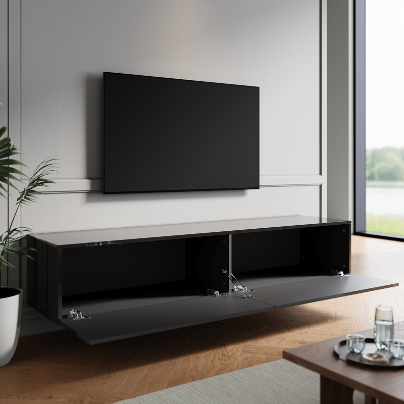 Hangable and floor standing TV stand in high-gloss UV panel, Black, 30cm H x 180cm W x 40cm D