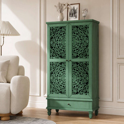 Meuble de rangement décoratif vintage de style ferme, haut de 140 cm, avec 2 portes et un tiroir sculptés de motifs floraux. Meuble d'appoint rétro autoportant avec tablette réglable et pieds en bois massif. Parfait pour le salon, l'entrée ou la salle à manger. Couleur : vert.