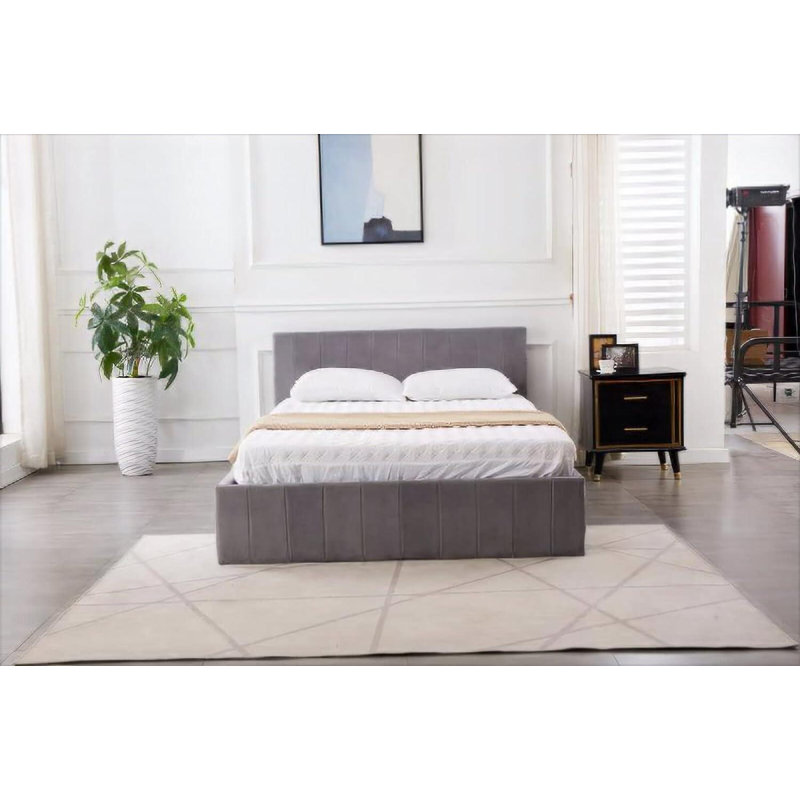 Ottoman Storage Bed Grey Lined Pattern Velvet With 1 Mattress, Small Double (4')