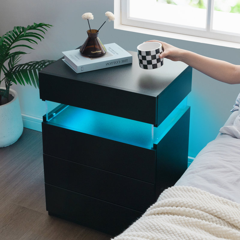 Mekiya Modern Style LED Nightstand with 4 Storage Drawers, Black, Set of 2