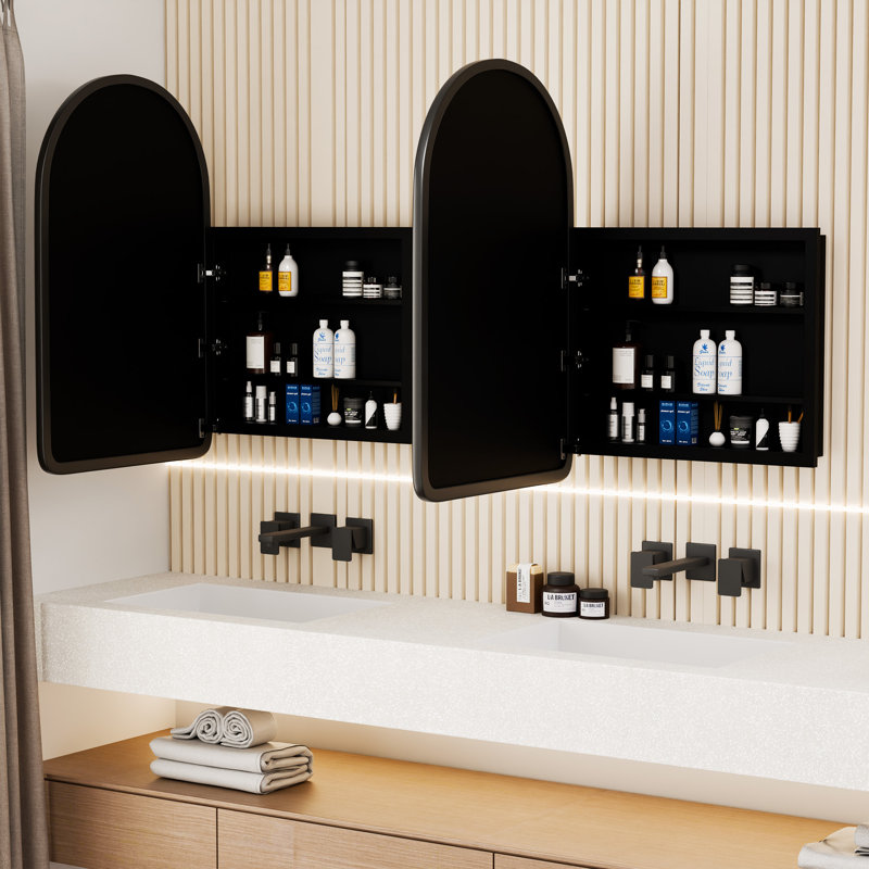 Pharmacie à arche encastrée ou à fixation en surface avec miroir et cadre en bois l 24 po x H 36 po, Noir