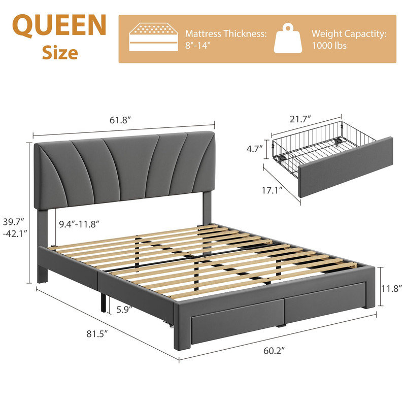 Lit plateforme grand moderne avec 2 tiroirs, tête de lit ajustable en velours et lattes robustes, Grand lit, Gris