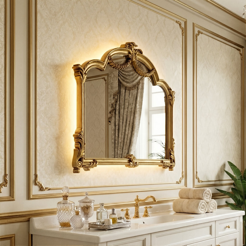 Aggarwal mural 35 po avec arche de réveil baroque 35 po avec rétroéclairage à DEL, cadre en polyuréthane doré orné, manteau de cheminée vintage Aggarwal