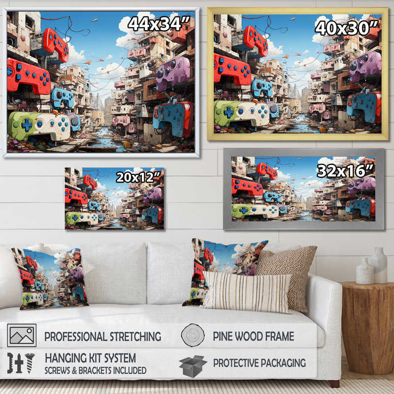 Pop Gaming Controllers Dreamscape - Art mural de jeux vidéo, Cadre d'angle fermé noir, H 34 po x l 44 po x P 1,5 po