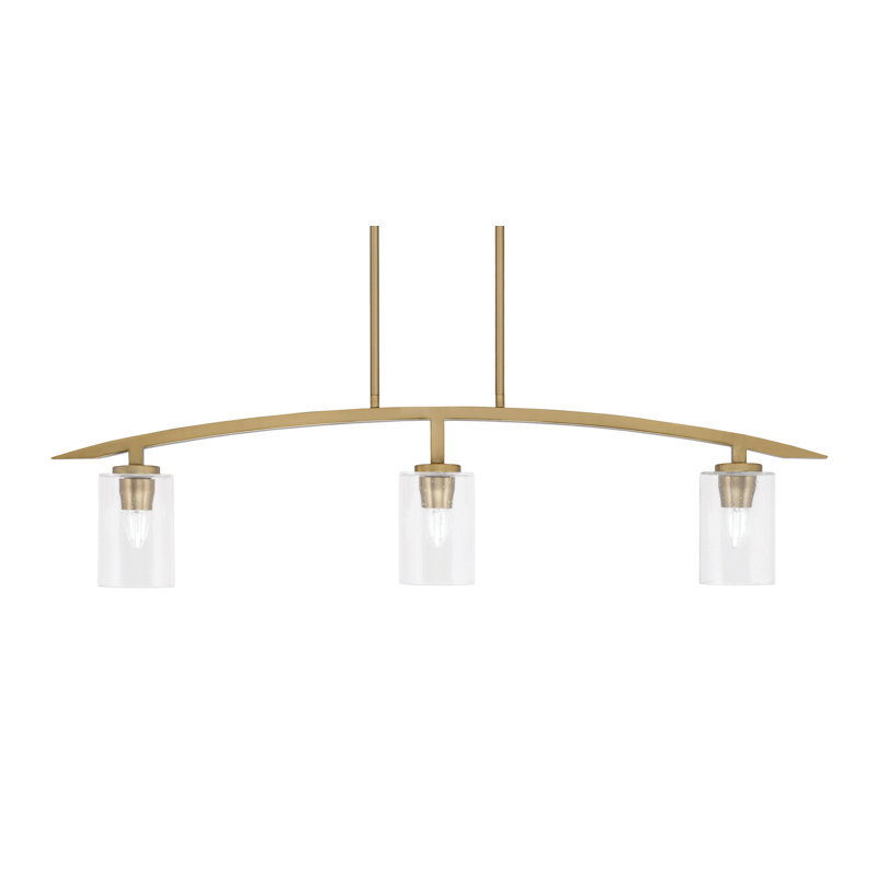 Luminaire pour îlot de cuisine 3 lumières kurve au fini laiton vieilli avec verre bullé de 4 po, Clair
