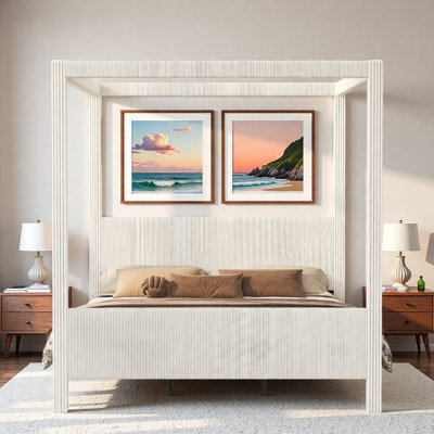 Upholstery Canopy Platform Bed with High Padded Fluted Headboard and Vertical Ribbed Corduroy Design