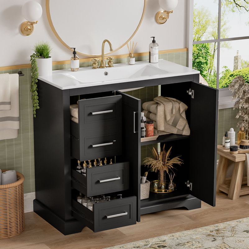 36" Freestanding Bathroom Vanities with Single Sink, Black / Silver