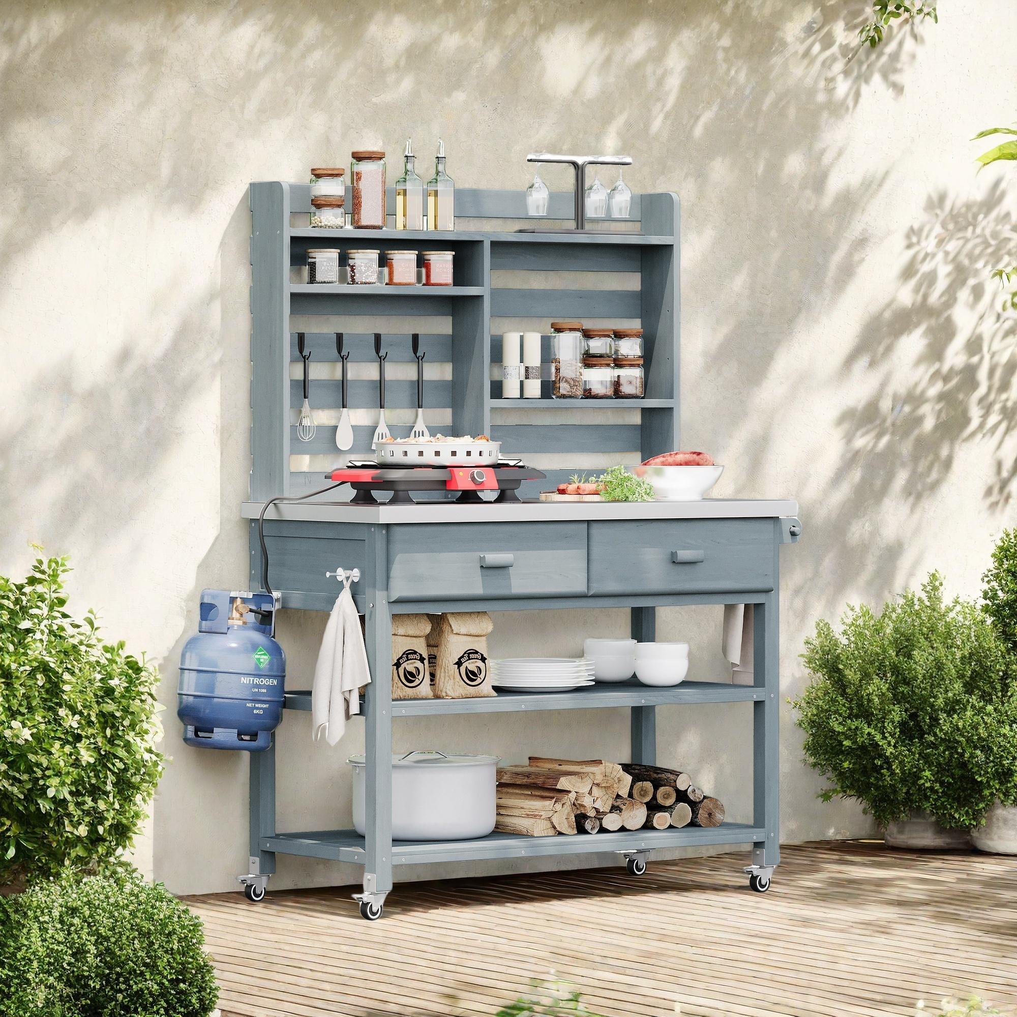 Latitude Run® Solid Wood Outdoor Kitchen Island with Upper Hutch | Wayfair