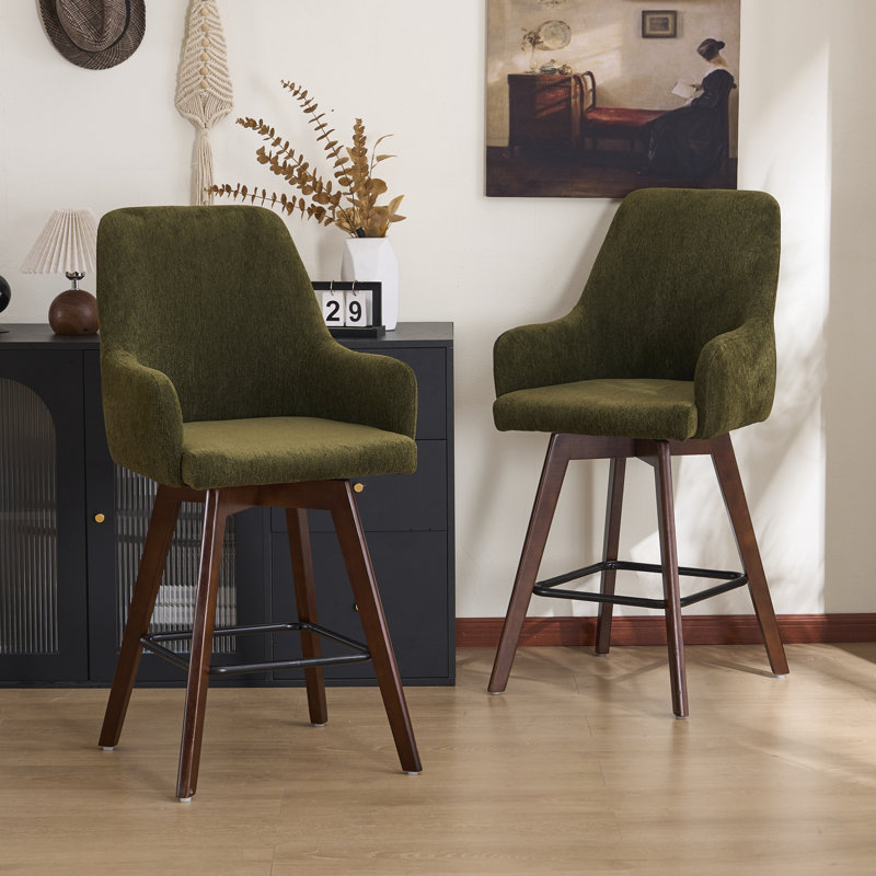 Solid Wood Upholstered Swivel Bar and Counter Stool, Green Chenille, 2