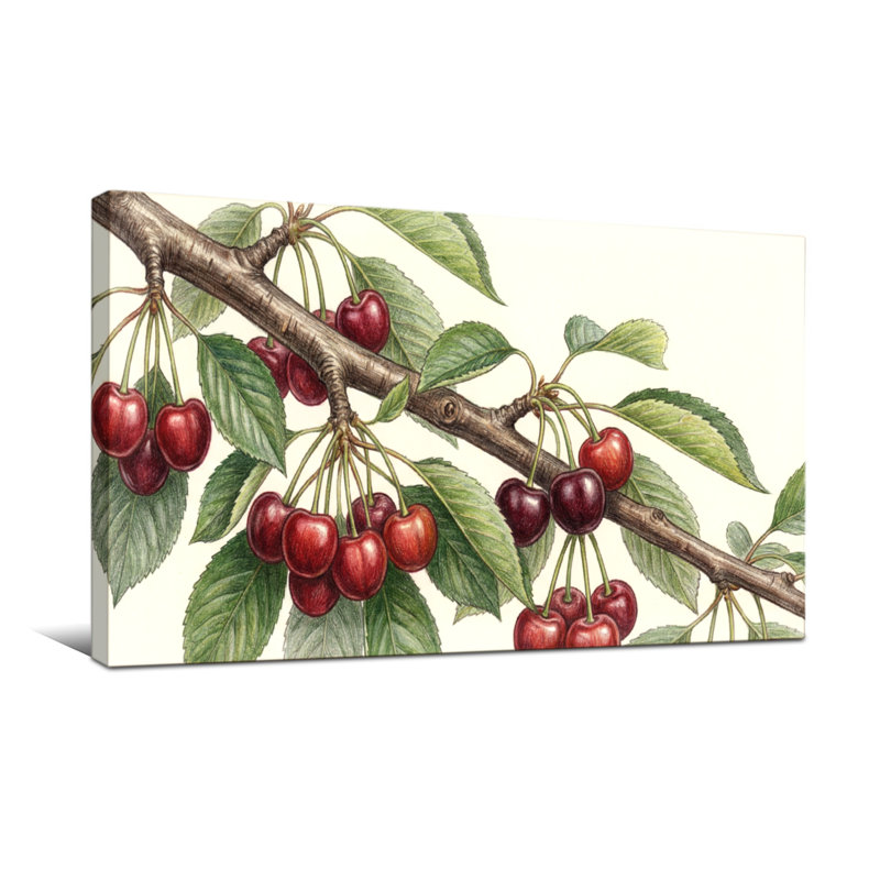 Plantes et fleurs, branche de cerisier avec fruits et feuilles, H 24 po x l 48 po