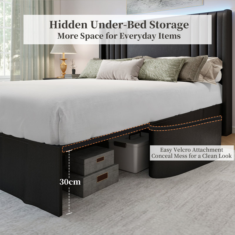 Upholstered Flip Top Storage Bed Frame, Double(4'6), Black, PU