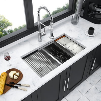 Évier de cuisine en nickel brossé à double cuve encastrable 36 po x 19 po 10 po, calibre 16 T304, évier de cuisine et grille pour vaisselle 50/50