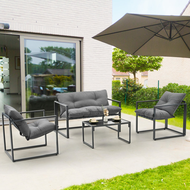 Ensemble de conversation de patio 4 pièces en métal avec coussins gris, Gris, Noir