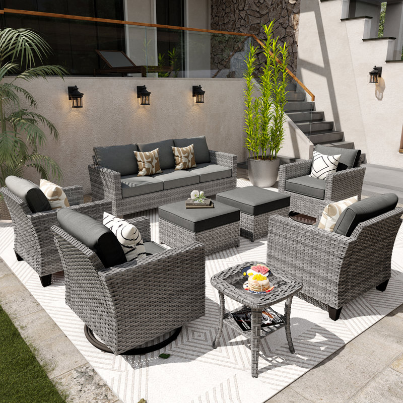 GRS Premium All-Weather Wicker 9 - Person Patio Conversation Set with Cushions, No, Dark Gray