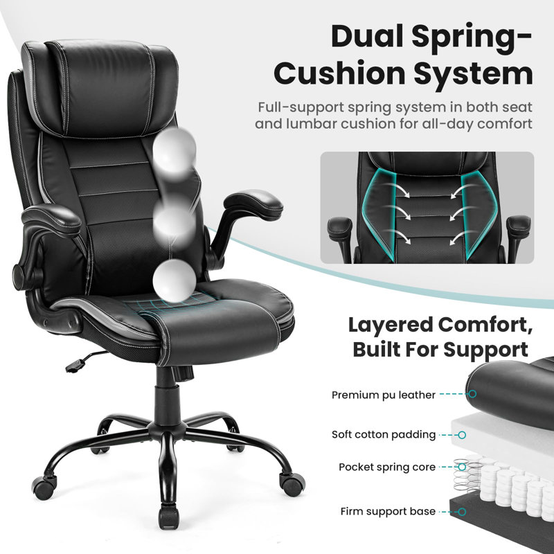 Big and Tall Ergonomic Executive Office Chair – 400lbs Capacity – High Back, Leather, Adjustable Headrest – Pocket Season Lumbar Support, Wide Seat – Comfortable Recliner for Office, Black Black